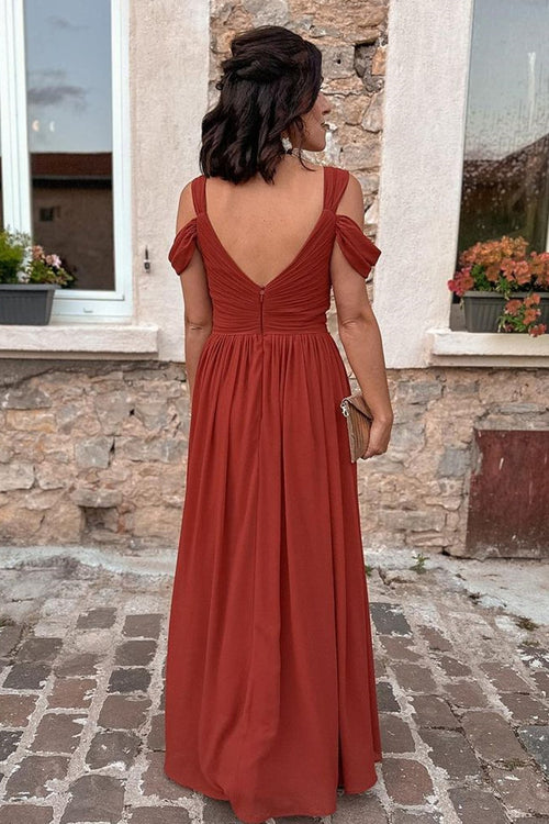 Rust Red Cold Sleeves Pleated Long Bridesmaid Dress with Slit