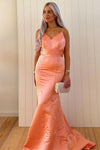 Mermaid Orange V-Neck Satin Long Bridesmaid Dress