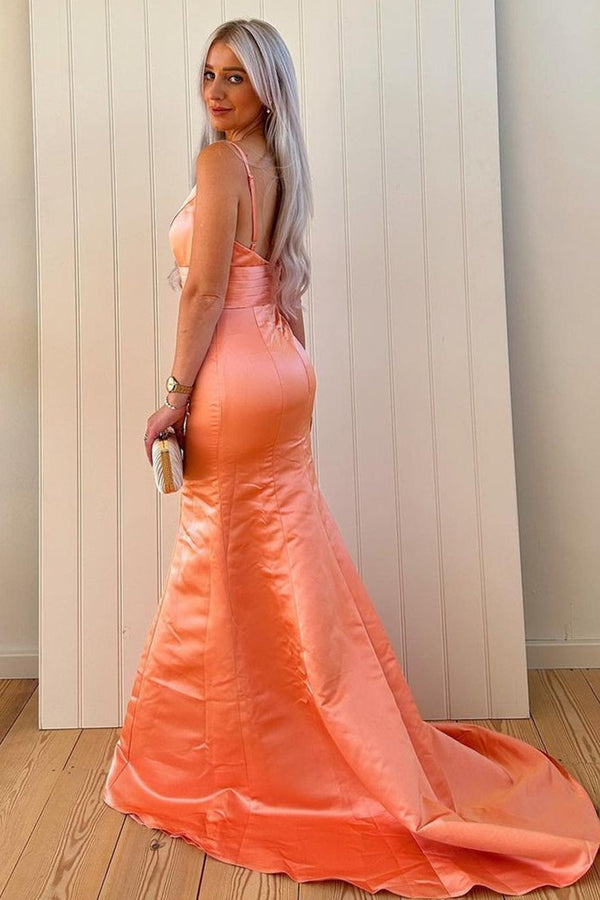 Mermaid Orange V-Neck Satin Long Bridesmaid Dress