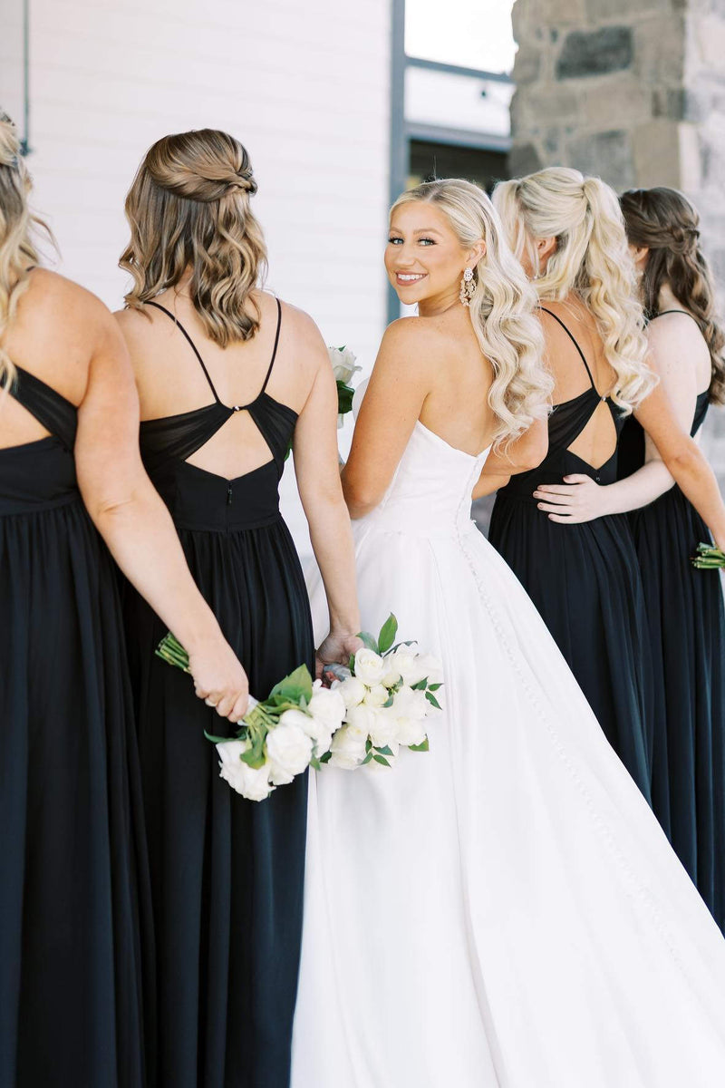 A-line Straps Black V-Neck Long Bridesmaid Dress