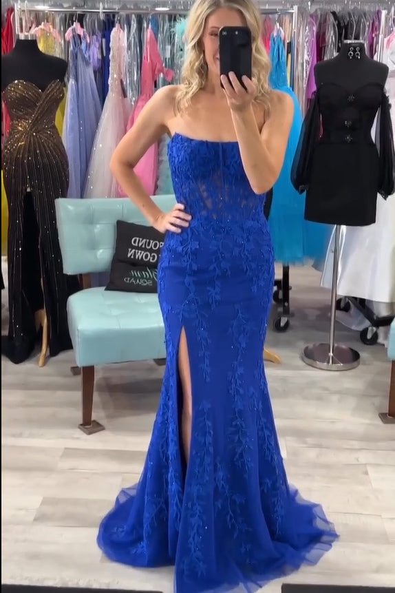 Strapless Lace Corset Mermaid Slit Long Prom Dress