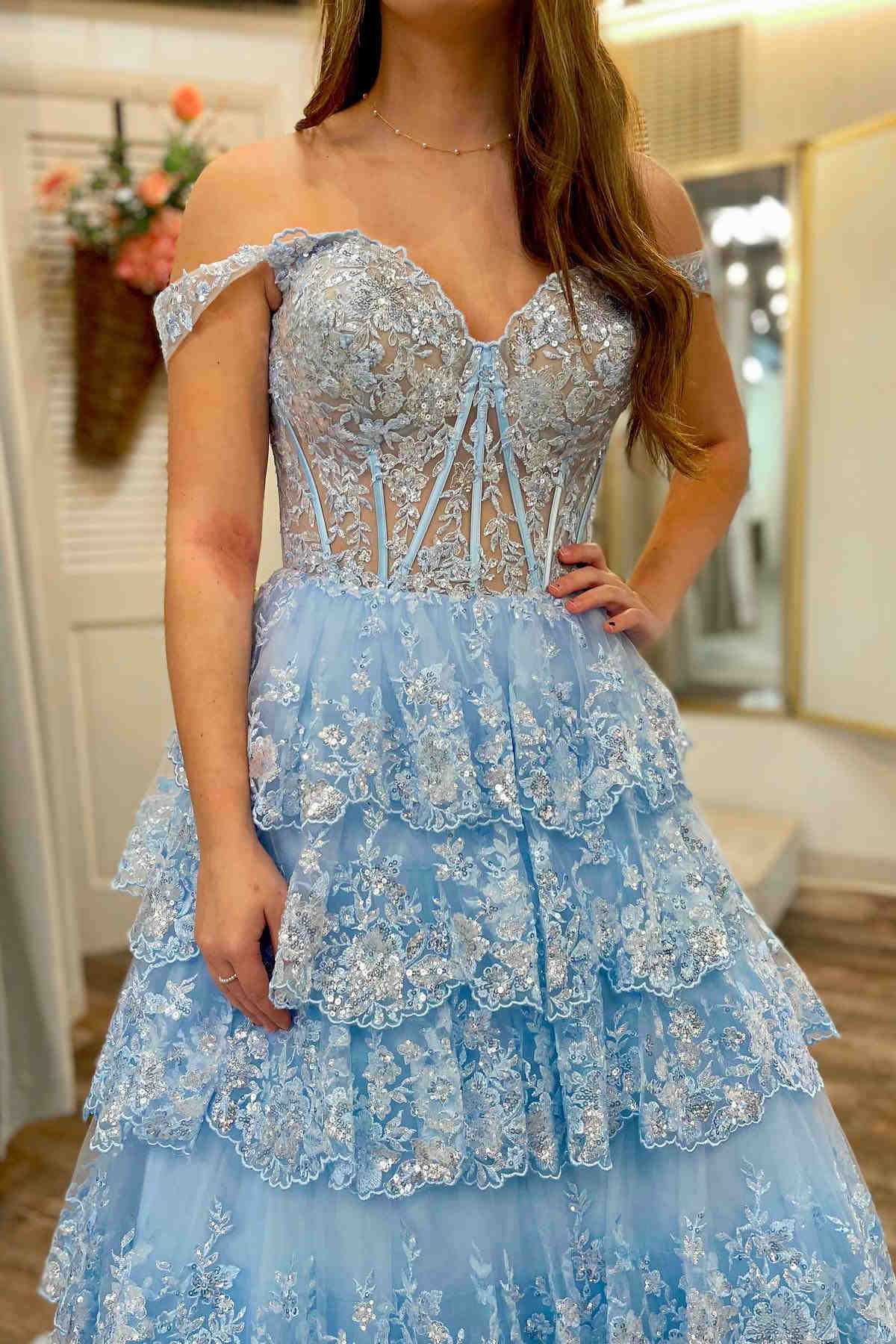 Lace-Up Gold Off the Shoulder Corset Tiered Ball Gown FancyVestido Lace-Up Gold Off the Shoulder Corset Tiered Ball Gown FancyVestido