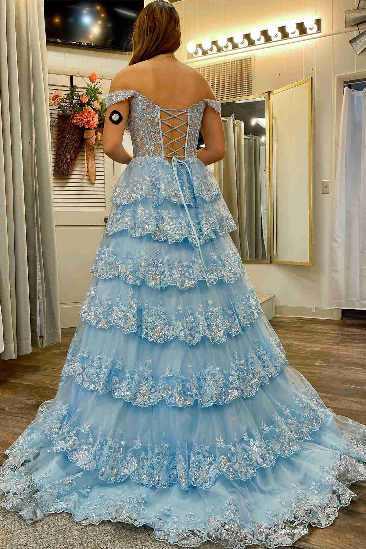 Lace-Up Gold Off the Shoulder Corset Tiered Ball Gown FancyVestido Lace-Up Gold Off the Shoulder Corset Tiered Ball Gown FancyVestido