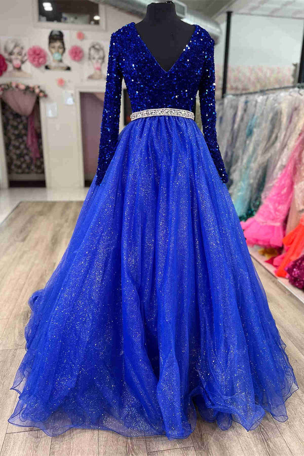 V-Neck Light Blue Sequin Long Sleeves A-Line Prom Dress