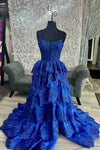 Royal Blue Straps Tiered A-Line Prom Dress with Sequins