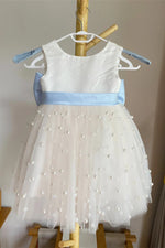 Crew Neck White Pearls Flower Gilr Dress with Blue Bow