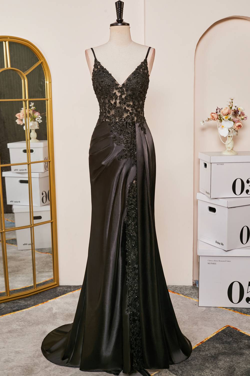 V-Neck Black Sheer Lace Corset Mermaid Prom Dress with Slit – FancyVestido