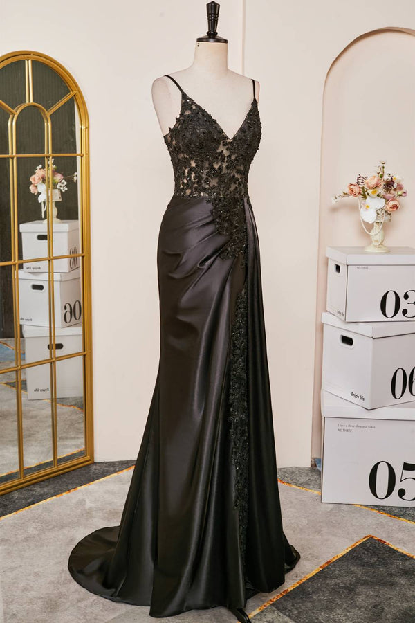 V-Neck Black Sheer Lace Corset Mermaid Prom Dress with Slit