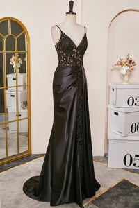V-Neck Black Sheer Lace Corset Mermaid Prom Dress with Slit