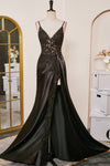 V-Neck Black Sheer Lace Corset Mermaid Prom Dress with Slit