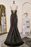 V-Neck Black Sheer Lace Corset Mermaid Prom Dress with Slit