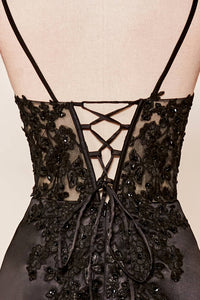 V-Neck Black Sheer Lace Corset Mermaid Prom Dress with Slit