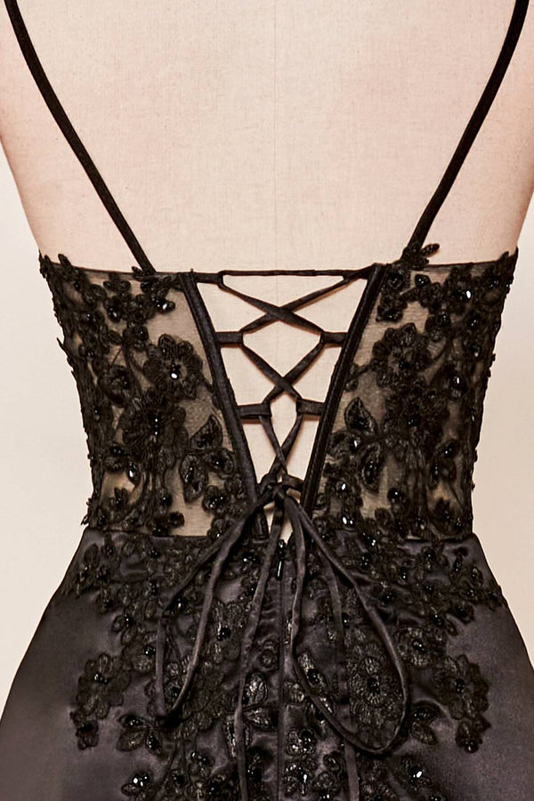V-Neck Black Sheer Lace Corset Mermaid Prom Dress with Slit