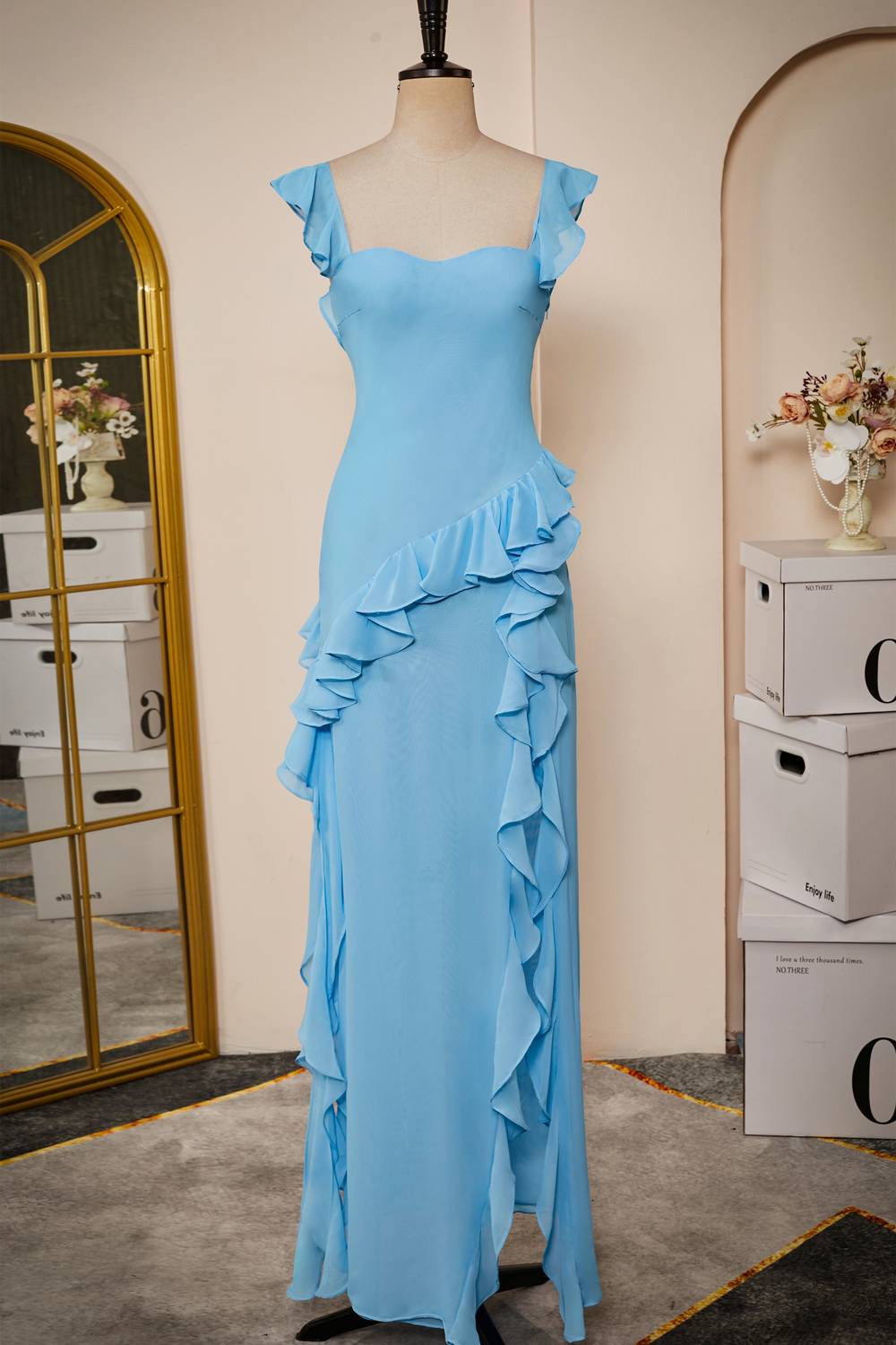 Elegant Blue Ruffle Slit Chiffon Long Bridesmaid Dress – FancyVestido