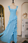 Elegant Blue Ruffle Slit Chiffon Long Bridesmaid Dress