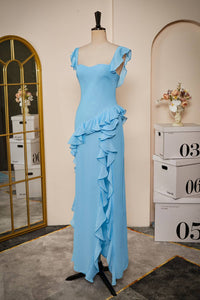 Elegant Blue Ruffle Slit Chiffon Long Bridesmaid Dress