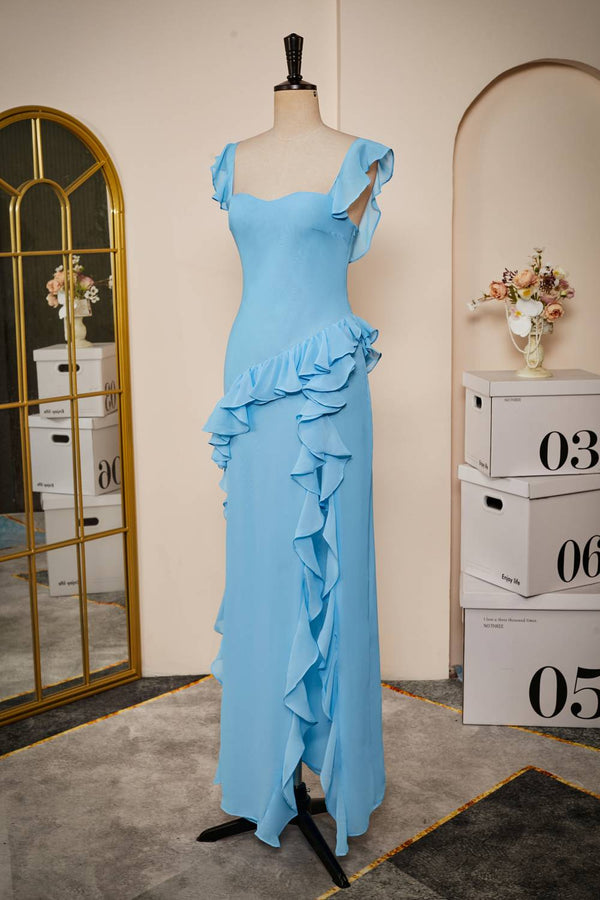 Elegant Blue Ruffle Slit Chiffon Long Bridesmaid Dress