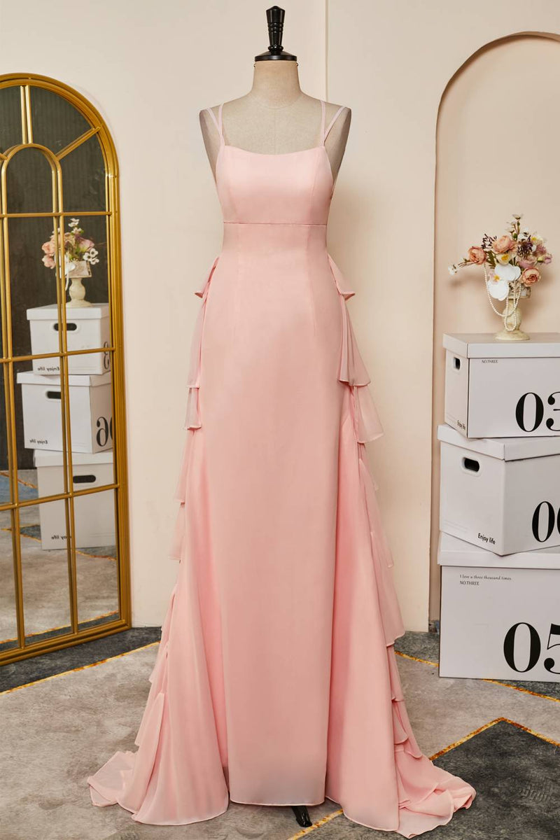 Straps Pink Ruffle Tiered Chiffon Long Prom Dress