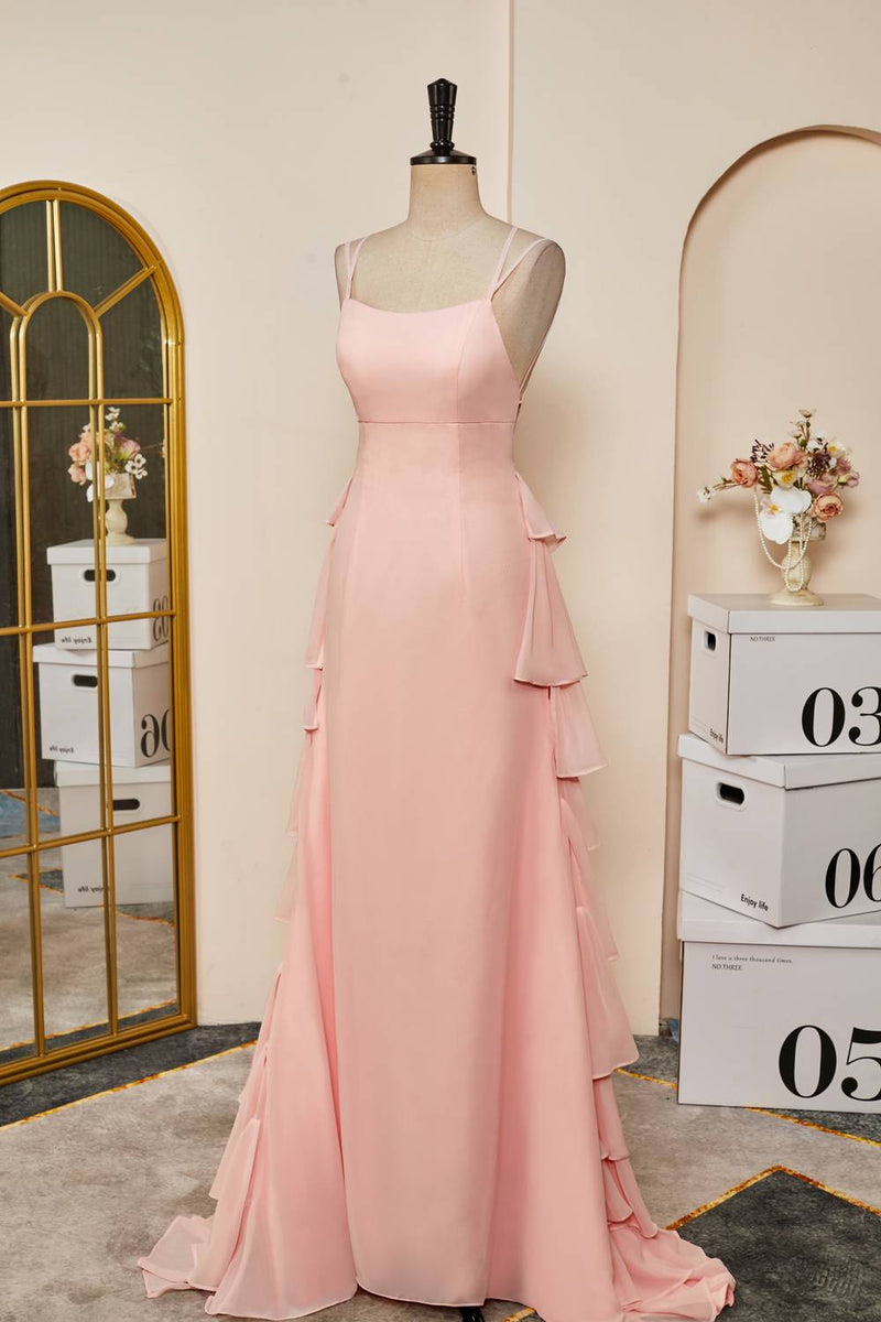 Straps Pink Ruffle Tiered Chiffon Long Prom Dress