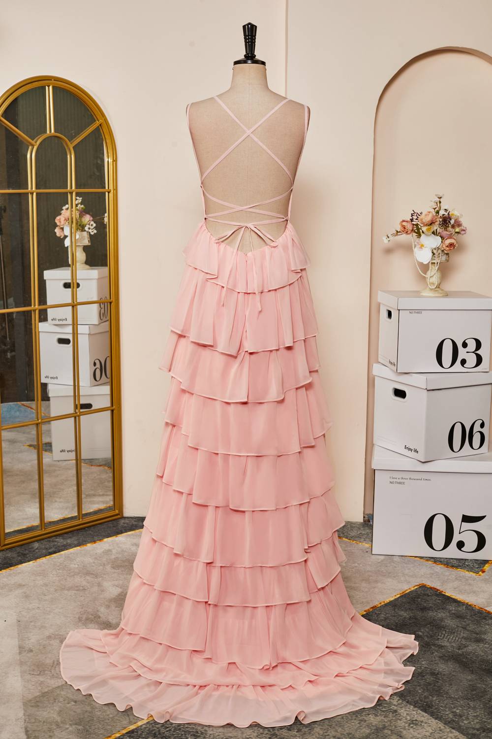 Straps Pink Ruffle Tiered Chiffon Long Prom Dress FancyVestido Straps Pink Ruffle Tiered Chiffon Long Prom Dress FancyVestido