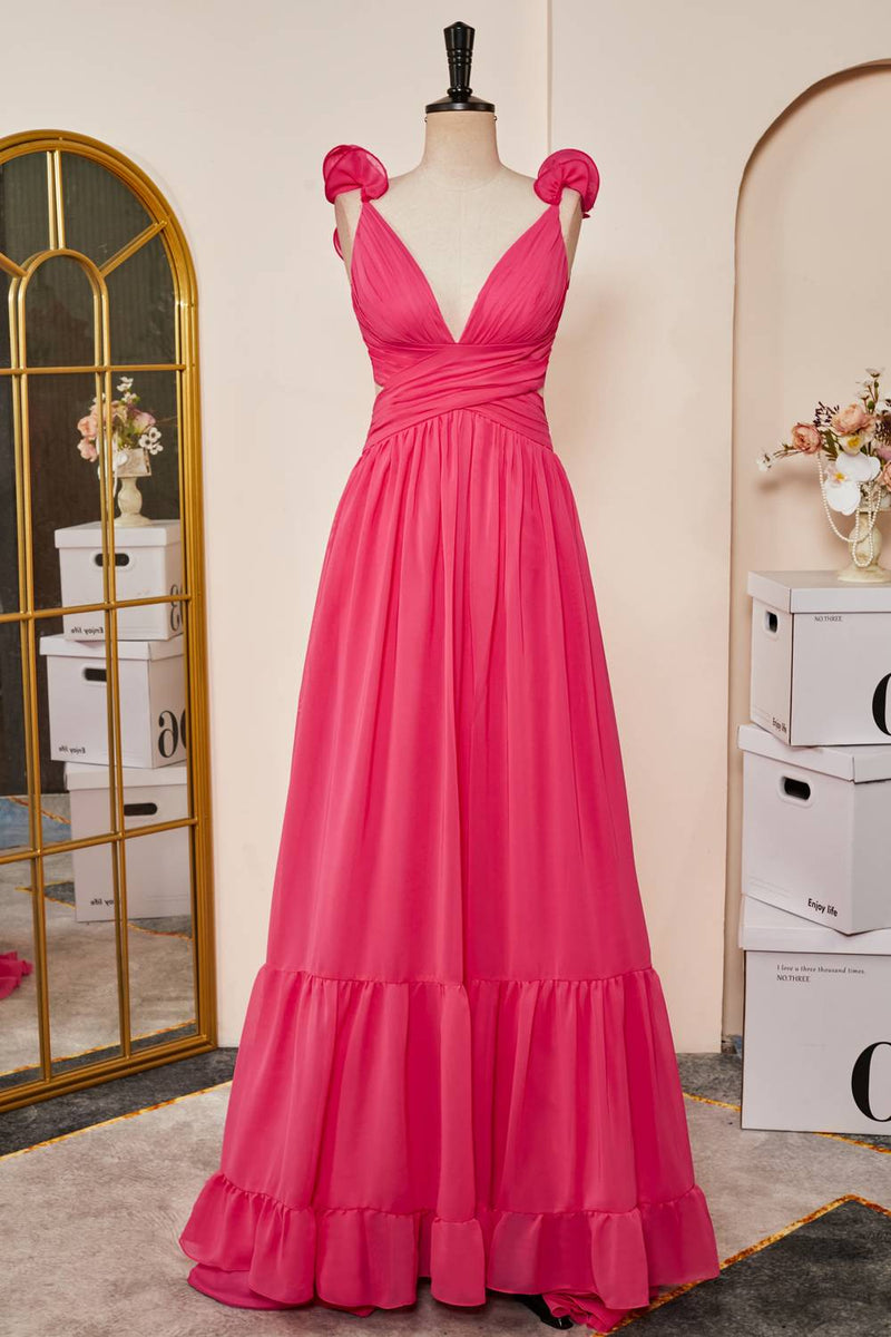 Plunging V-Neck Hot Pink Ruffled Straps A-Line Prom Dress