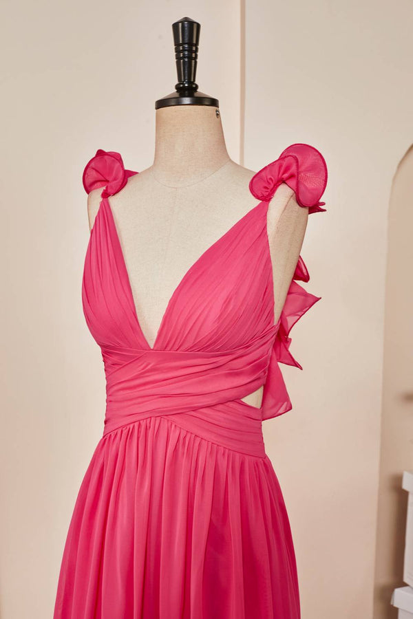 Plunging V-Neck Hot Pink Ruffled Straps A-Line Prom Dress