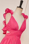 Plunging V-Neck Hot Pink Ruffled Straps A-Line Prom Dress