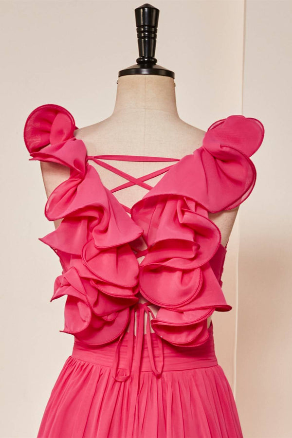 Plunging V-Neck Hot Pink Ruffled Straps A-Line Prom Dress