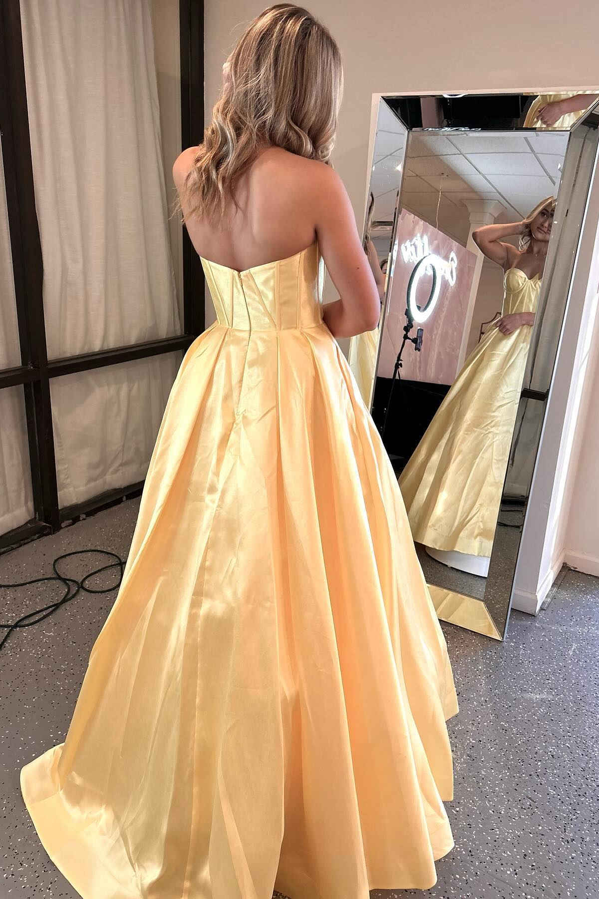 Sweetheart A Line Pink Satin Prom Dress With Pockets Sweetheart A Line Pink Satin Prom Dress With Pockets