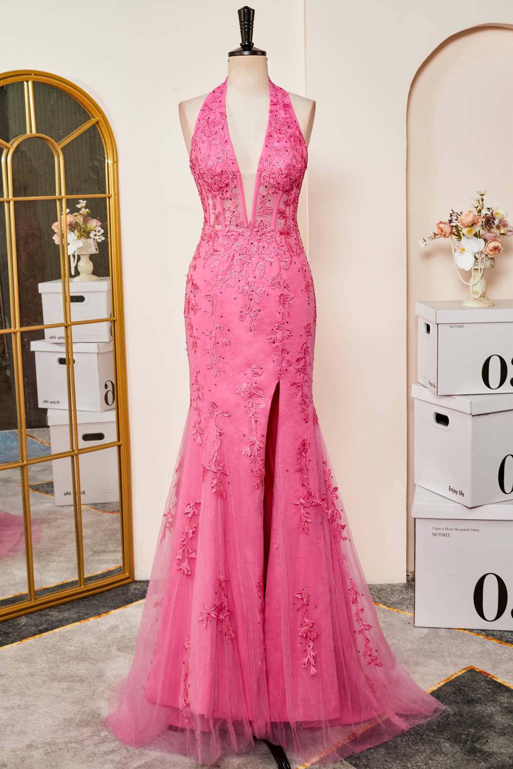 Mermaid Hot Pink Halter Appliques Long Prom Dress with Slit FancyVestido Mermaid Hot Pink Halter Appliques Long Prom Dress with Slit FancyVestido