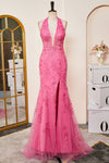 Mermaid Hot Pink Halter Appliques Long Prom Dress with Slit