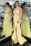 Halter Lace Corset Slit Long Prom Dress with Appliques