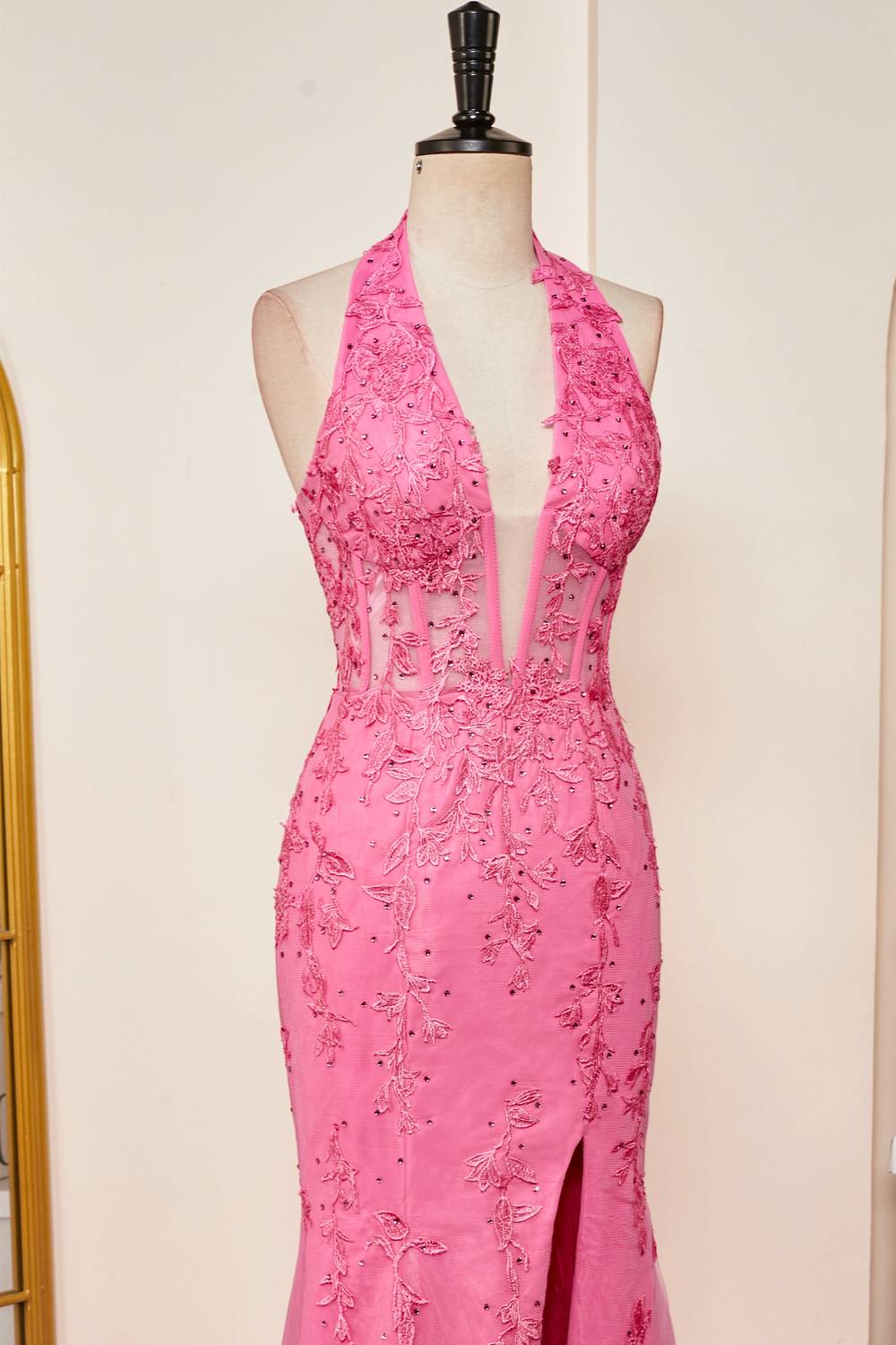Elegant Pink Halter Mermaid Side Slit Long Prom Dress Ideas, Evening Party Dresses, OLP1305