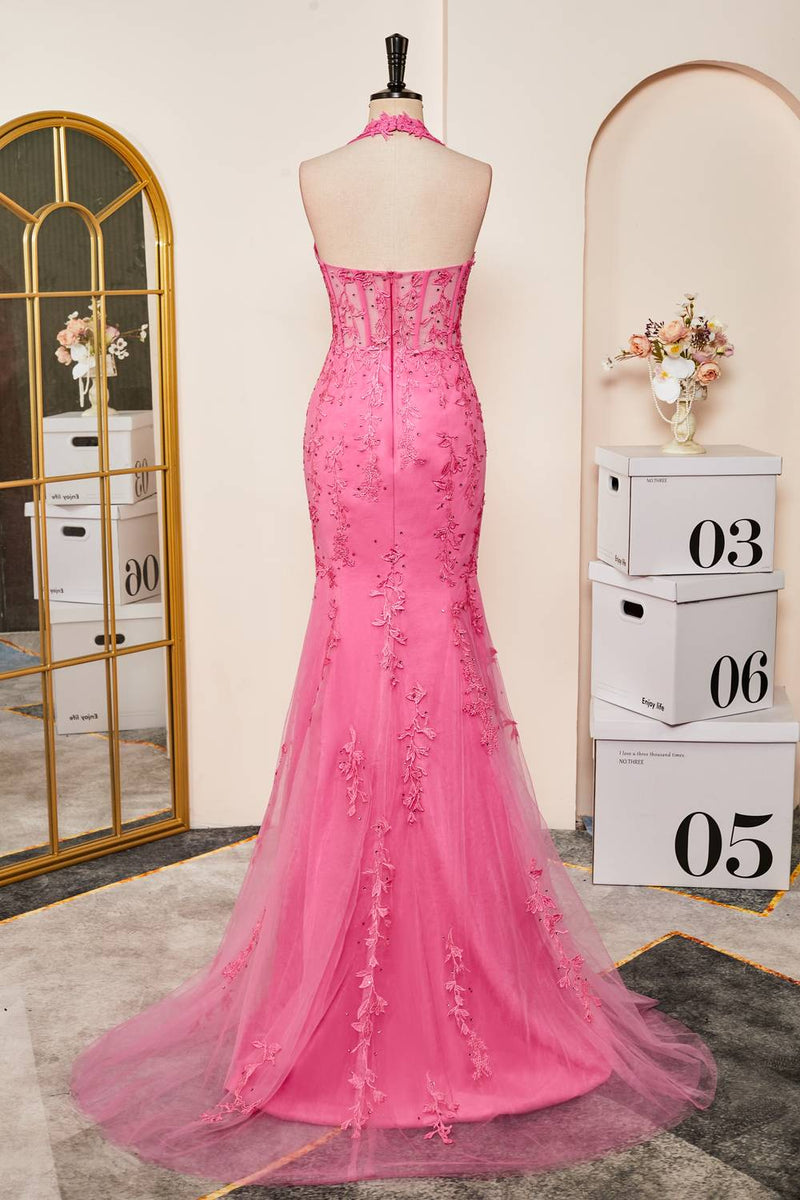 Mermaid Hot Pink Halter Appliques Long Prom Dress with Slit