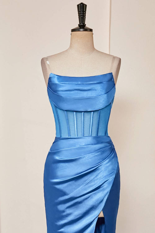Strapless Blue Ruched Satin Prom Dress with Slit