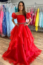 Off the Shoulder Red Balloon Sleeves Ruffle Layered Prom Dress