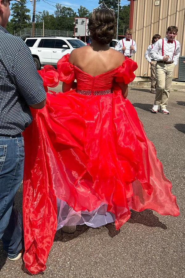 Off the Shoulder Red Balloon Sleeves Ruffle Layered Prom Dress