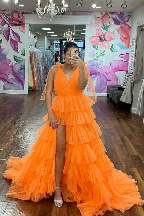orange tulle dress Peachy Dress Teuta Matoshi Frill skirt Bow Straps Orange V-Neck Ruffled