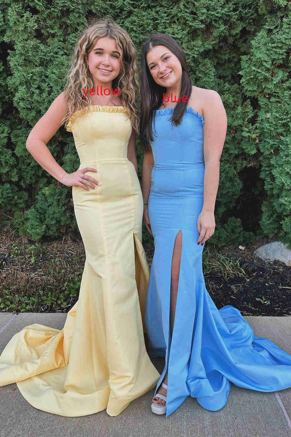 Strapless Magenta Ruffle Mermaid Slit Long Prom Dress