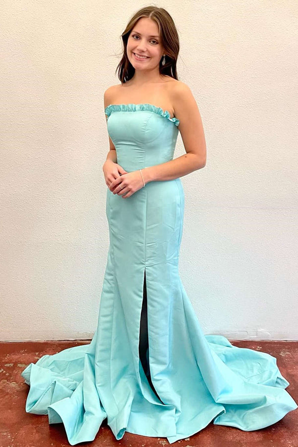 Strapless Magenta Ruffle Mermaid Slit Long Prom Dress