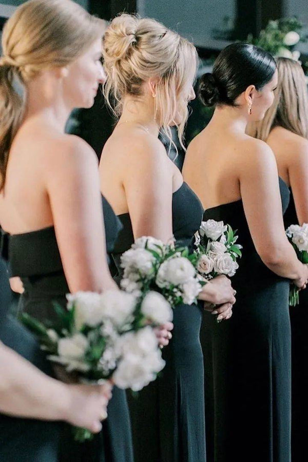 Strapless Black Chiffon Long Bridesmaid Dress with Slit