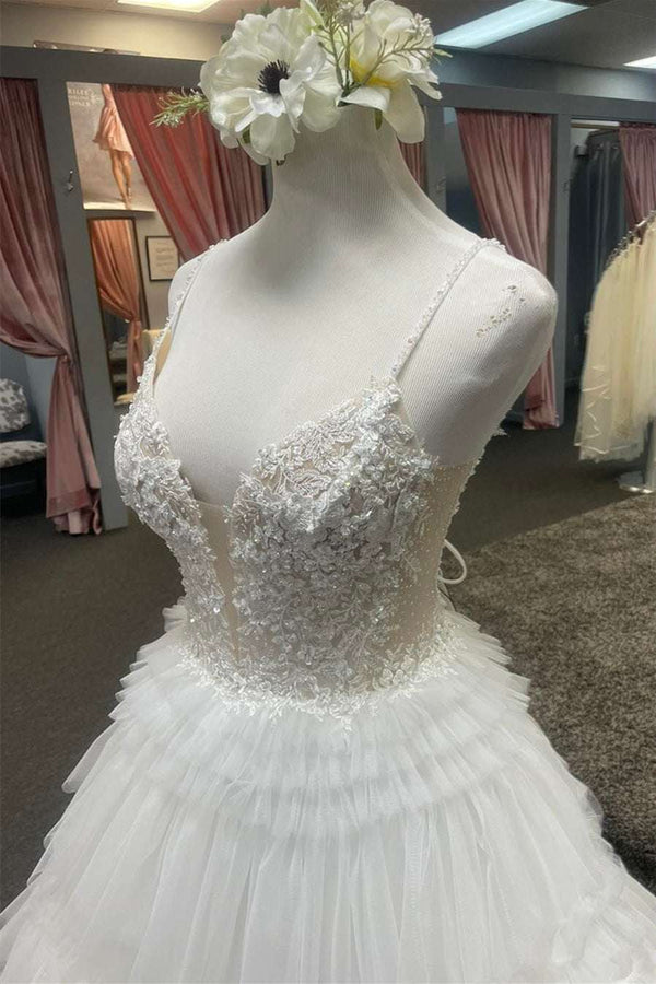 Plunging V-Neck Straps Appliques Layered Prom Dress