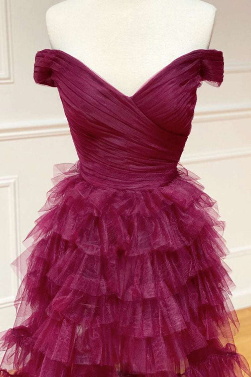 Off the Shoulder Dark Berry Pleated Sheer Tiered Prom Dress