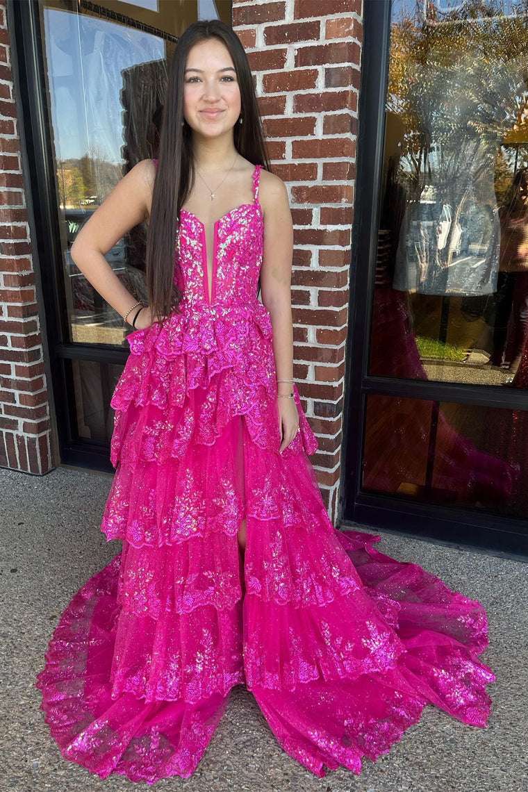 Straps Fuchsia Sequin Layered Formal Dress with Slit – FancyVestido