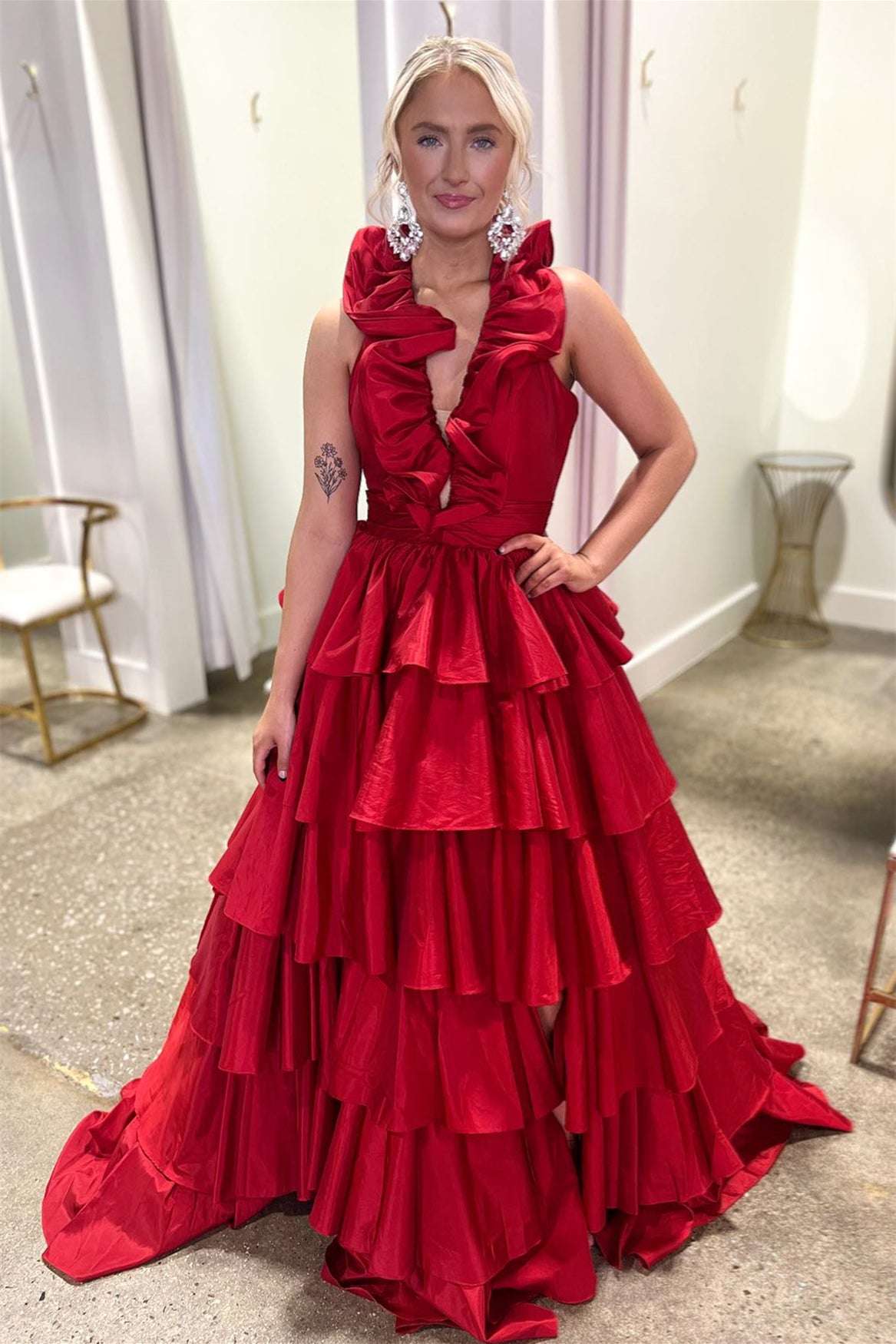 Halter Red Ruffle Tiered A-Line Prom Dress