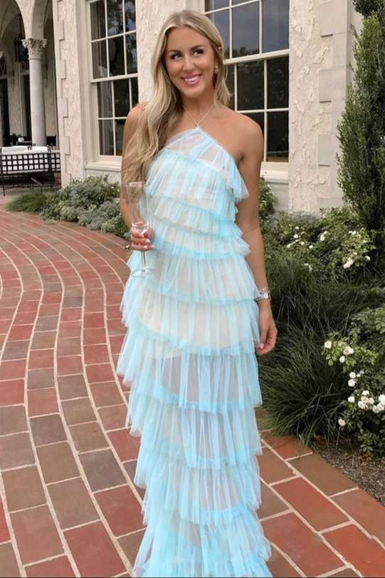 Halter Straps Spas Blue Layered Maxi Dress with Slit FancyVestido Halter Straps Spas Blue Layered Maxi Dress with Slit FancyVestido