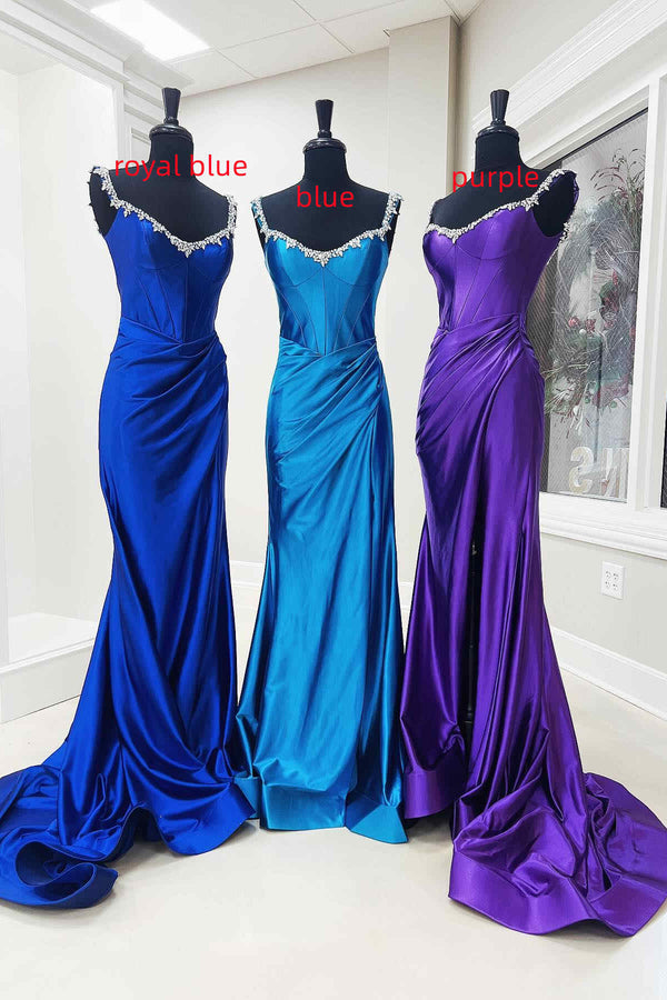 Off the Shoulder Beaded Blue Mermaid Prom Dress with Slit