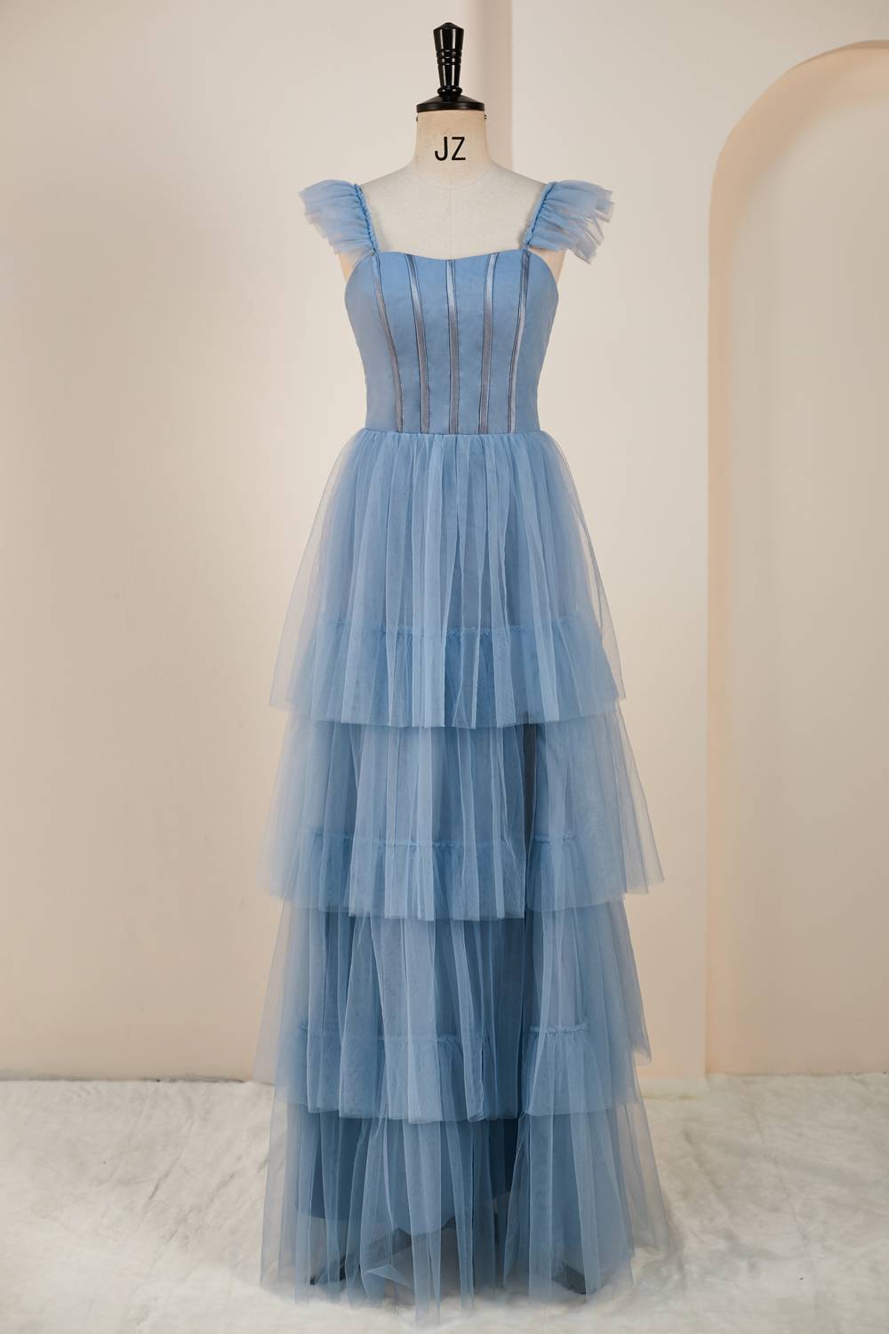 Straps Misty Blue Tiered Ruffles Long Bridesmaid Dress