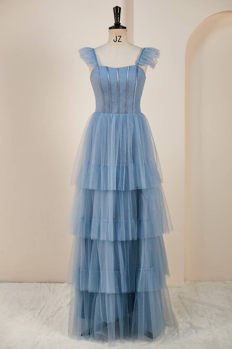 Straps Misty Blue Tiered Ruffles Long Bridesmaid Dress