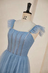 Straps Misty Blue Tiered Ruffles Long Bridesmaid Dress